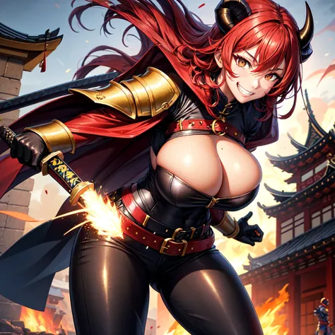 young Korean woman, golden eyes, red hair, black horns, tanned bronze skin, huge chest, predatory grin, smile, stained with blood, dressed in a red coat with rolled up sleeves, heavy steel gold armor, wide leather belt, black leather pants with steel hips ...