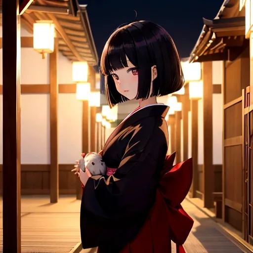 Temple at night、A zashiki-warashi girl wearing an old kimono、Hair is cut in a bob、Standing straight alone、Black cats snuggling together、I can&#39;t see your face、