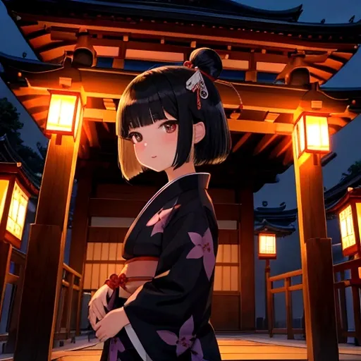 Temple at night、A zashiki-warashi girl wearing an old kimono、Hair is cut in a bob、Standing straight alone、Black cats snuggling together、I can&#39;t see your face、