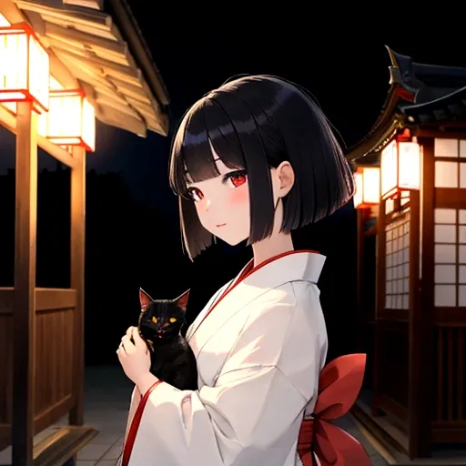 Temple at night、A zashiki-warashi girl wearing an old kimono、Hair is cut in a bob、Standing straight alone、Black cats snuggling together、I can&#39;t see your face、