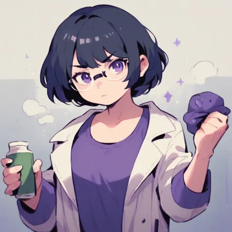 a 40 year old scientist, wearing glasses, black hair, short bangs covering his left eye, white lab coat, purple shirt, black tie, evil look, purple eyes, pale skin in anime pixel art style, looking very angry, holding a piece of meteorite with purple aura