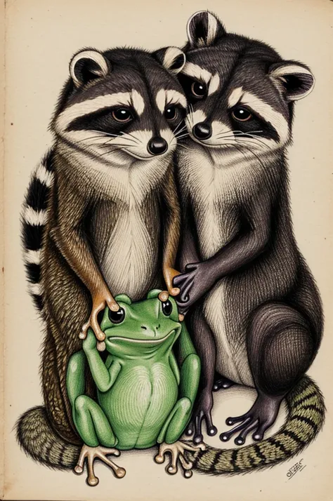 Frog and a raccoon in love holding hands drawing