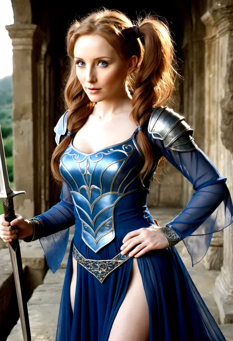 gates mcfadden (age 20) (young elven maiden, big hair, twintails, intricate sheer blue dress, mithril chest plate armor, mithril...