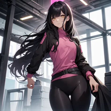 A woman with a long-sleeved shirt with yellow eyes and short black hair, dark pink fabric, and tight black pants.. 