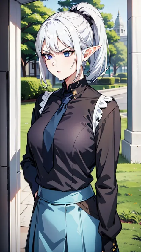 1girl ,solo,20s,mature female,serious face,short hair,elf ears,(grass),shirt,black standard tie,blue blazer,long sleeves, black pleated skirt,(upper body),frosty white Skin , Icy white hair ,Glacial blue eyes,mega side ponytail