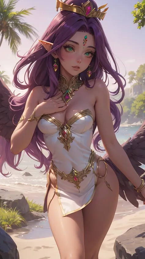 cabelo roxo (purple hair), Greek goddess, sculptural body, super detailed hand, super detailed face, hyper detailed body, No defects, (greeneyes), focused eyes, pretty detailed eyes, pale skin, blushed face, crown on head, long hair, slickedback hair, coif...