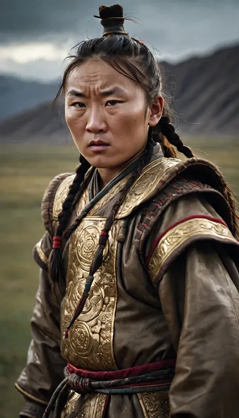 Little Genghis Khan , facing harsh weather and difficult living conditions in the steppes, background cinematic, hyper realistic, ultra detailed hyper realistic, photorealistic, Studio Lighting, reflections, dynamic pose, Cinematic, Color Grading, Photogra...