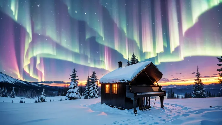 A mystical and enchanting landscape with a single piano under an aurora-filled sky. The surroundings are completely covered in snow, creating a serene