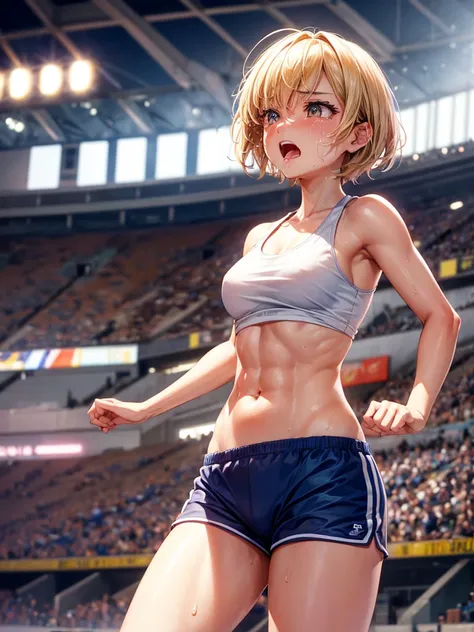 Highest quality,Highest Resolution,A beautiful girl with a crying face running on the stadium,Tank top,short hair,sunny,Open your mouth wide and drool,Tears,Sweat profusely,High leg,Belly button,Abdominal muscles,Muscular,