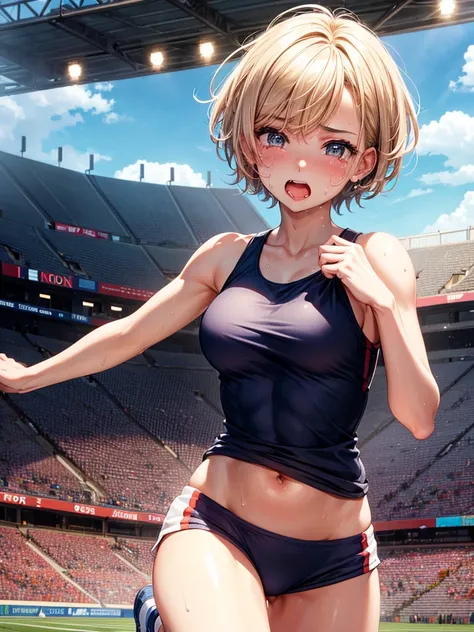 Highest quality,Highest Resolution,A beautiful girl with a crying face running on the stadium,Tank top,short hair,sunny,Open your mouth wide and drool,Tears,Sweat profusely,High leg,Belly button,Abdominal muscles,Muscular,