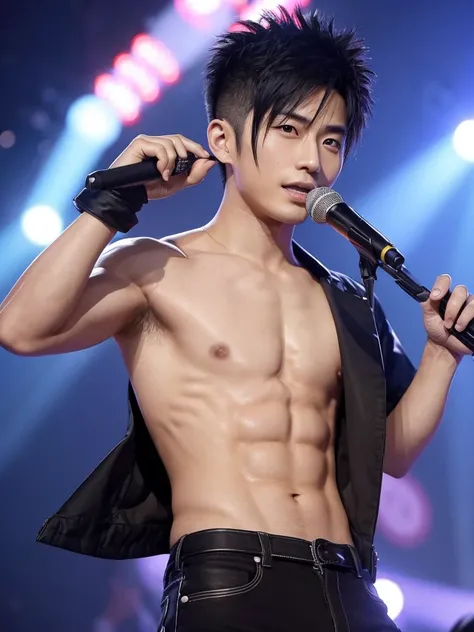 35-year-old Chinese-Japanese man, Idol and singer of a musical group a Rockstar, with short hair shaved on the sides defined abs, Cold look, similar to sid vicious