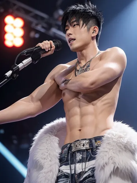 35-year-old Chinese-Japanese man, Idol and singer of a musical group a Rockstar, with short hair shaved on the sides defined abs, Cold look, similar to sid vicious