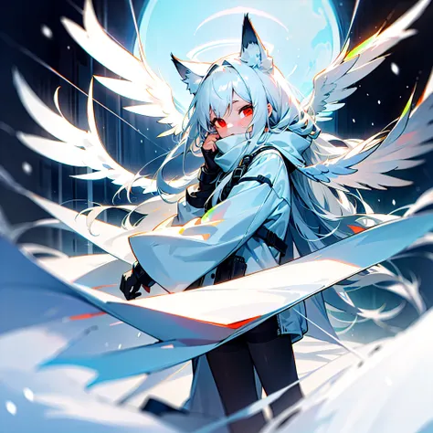 masterpiece, highest quality, highest resolution, clear_image, detailed details, White hair, long hair, cat ears, 1 girl, red eyes, white hoodie, black pantyhose, white scarf (white scarf around the neck with a light blue glow), gray futuristic halo (gray ...