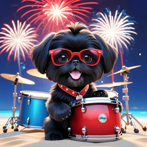 Adorable small black Shih Tzu puppy at the beach wearing red sunglasses red, playing guitar playing drums on concert stage white and blue firework background 3d cartoon, 3d render, disney pixar style