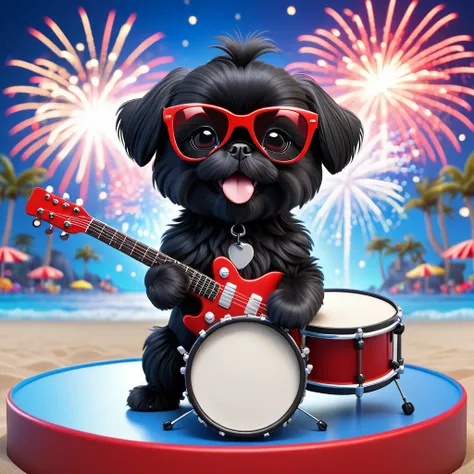 Adorable small black Shih Tzu puppy at the beach wearing red sunglasses red, playing guitar playing drums on concert stage white and blue firework background 3d cartoon, 3d render, disney pixar style