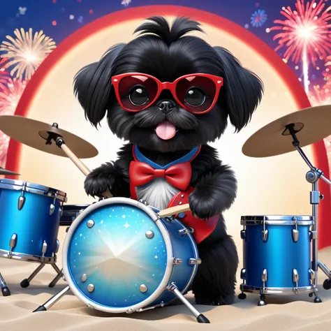 Adorable small black Shih Tzu puppy at the beach wearing red sunglasses red, playing guitar playing drums on concert stage white and blue firework background 3d cartoon, 3d render, disney pixar style