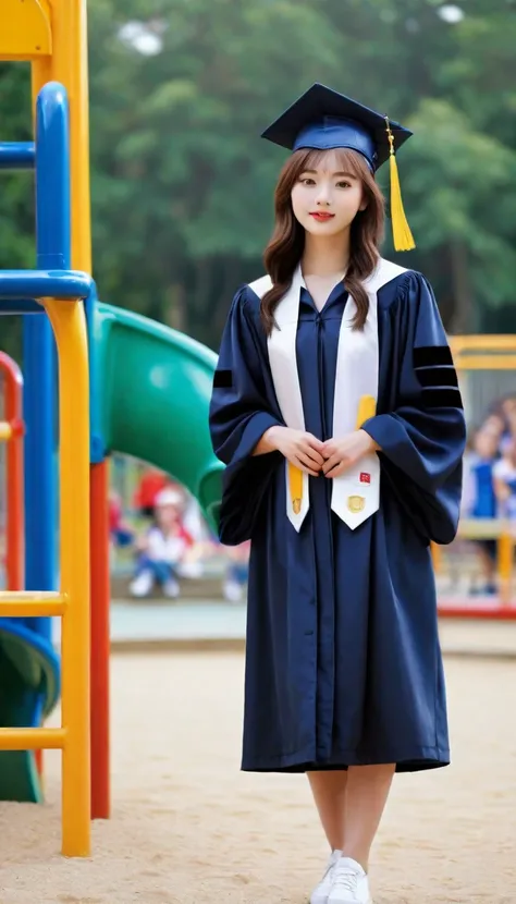 ((best quality)), ((masterpiece)), (detailed), 1 Girl, Graduation gown, Stand on the school playground，Beautiful scenery，Background blur SLR image quality 8K
