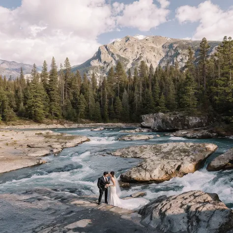 showing a pair of lovers dressed in uniforms, they make love on a rock in the middle of the river. The river has several levels with flowing water and surrounded by background pine trees, there is a large mountain with its peak reaching into the sky. This ...