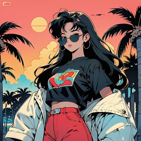 a retro girl,whole body, Miami, sunset, Ferrari, palm tree, 90s, (flat colors, flat texture, lineart:1.2), graphical design, (heavy ink, ink blacks), wearing a sunglasse,cinematic,wearing T-shirt