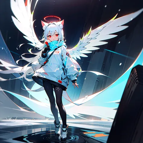 masterpiece, highest quality, highest resolution, clear_image, detailed details, White hair, long hair, cat ears, 1 girl, red eyes, white hoodie, black pantyhose, white scarf (white scarf around the neck with a light blue glow), gray futuristic halo (gray ...