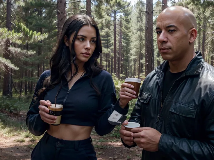 A strongly-built bald man resembling Vin Diesel dressed in navy blue military-style clothing at a military substation in a pine forest accompanied by a beautiful black-haired woman resembling Scarlet Johnson, dressed just like the bald man, realistic image...