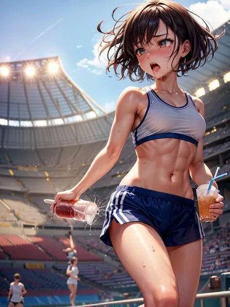 Highest quality,Highest Resolution,A beautiful girl with a crying face running on the stadium,Tank top,short hair,sunny,Open your mouth wide and drool,Tears,Sweat profusely,High leg,Belly button,Abdominal muscles,Muscular,(((Drink a drink)))