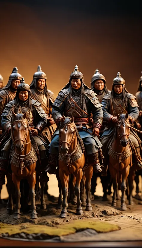 genghis khan and his generals planning strategies using maps and miniatures, background cinematic, hyper realistic, ultra detail...