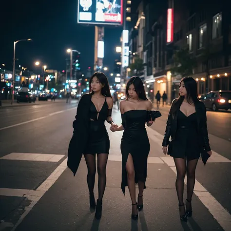 Three pretty, beautiful women in sexy black clothing walk away and disappear into the night cityscape. The scene is melancholic and introspective, with long shots and fade-outs creating a sense of closure. The background is a starry and moonlit cityscape a...