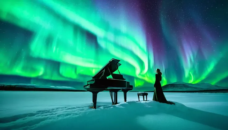 A mysterious and enchanting scene with a single piano under a sky full of aurora borealis. A beautiful woman is standing in front of the piano. The surroundings are completely covered in snow and silence.