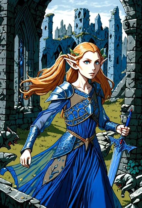 Gates McFadden (age 20) (young elven maiden, twintails, intricate sheer blue dress, mithril chest plate armor, mithril magic sword), chasing off some pesky kobolds, ruins
