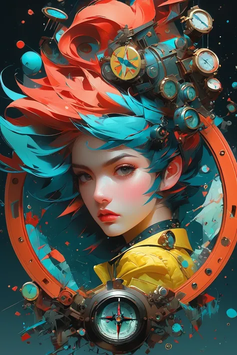 isometric style Impressionism, Splatter Paint em Marco Mazzoni, Karol de volta, Krenz Cushart style Medium Shot de (fantastic girl:1.3) with Gravity Compass, Metrópole Punk Steam, witty, Transcendent, trends on artstation, a masterpiece, vintage . Vibrant,...