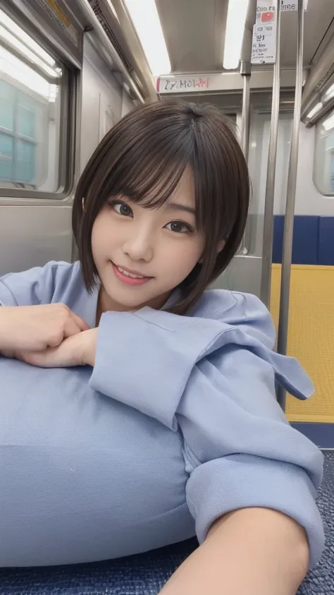 (cute japanese girl lying on back on the floor of the train:1.5), short hair:1.5, detailed face, ultra detailed eyes, incredible beautiful eyes, symmetry dropped eyes, charming eyes, Natural makeup, big smile, enthusiastic belly laugh, open mouth, ultra sl...