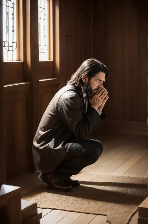 A man kneels down asking forgiveness from eight  house from the time of Jesus