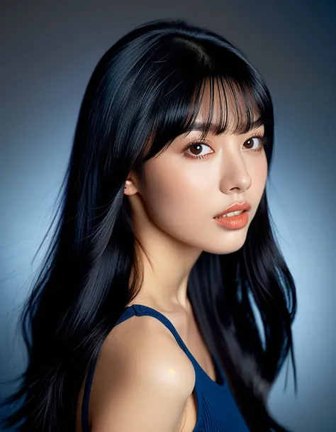 a 22yo  American woman with long black hair,dark blue and dark black,realistic color palette, soft-focused realism,black hair, long hair, blunt bangs