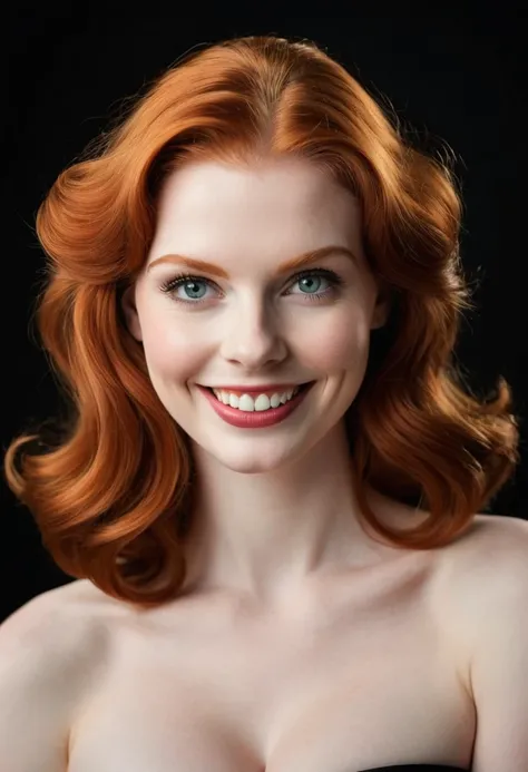 (highly detailed:1.3), (vivid_flowing_ginger_hair in a 1960s_hairstyle:1.3), (perky_gigantic_breasts:1.4), (very_pale_realistic_glossy_skin_with_imperfections:1.1), (18 yo girl) with a strikingly beautiful_youthful_face looking intensely at viewer, photore...