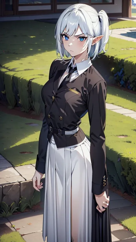 1girl ,solo,20s,mature female,serious face,short hair,elf ears,(grass),shirt,black standard tie,blue blazer,long sleeves, black pleated skirt,(upper body),frosty white Skin , Icy white hair ,Glacial blue eyes,SIDE UP