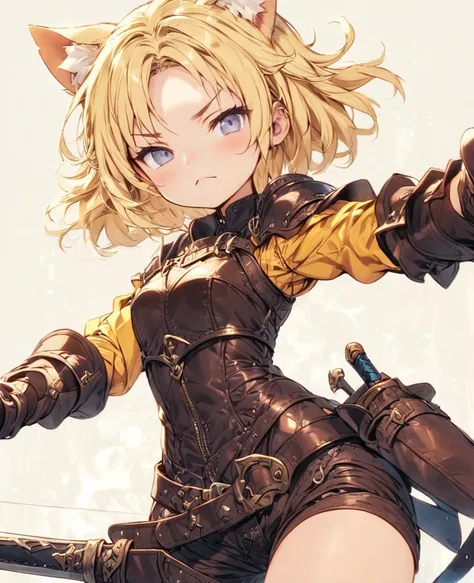 boyish　Berry Short　Slanted Eyes　Thighs　Blonde　Swordsman　Two-Way　Short Dagger　Leather Armor　Petite　Cat Ears