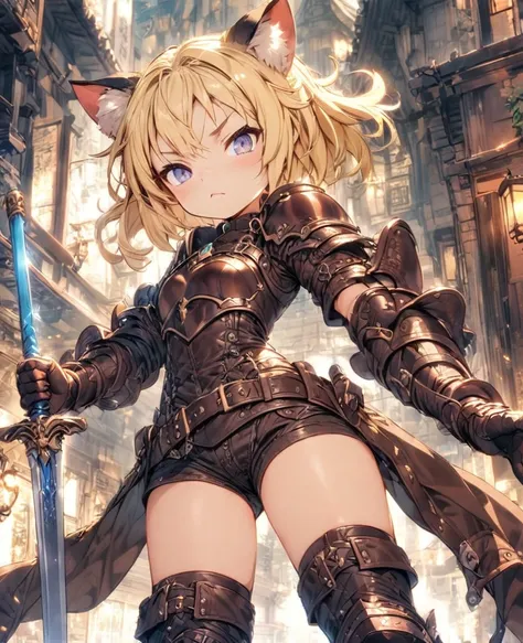 boyish　Berry Short　Slanted Eyes　Thighs　Blonde　Swordsman　Two-Way　Short Dagger　Leather Armor　Petite　Cat Ears