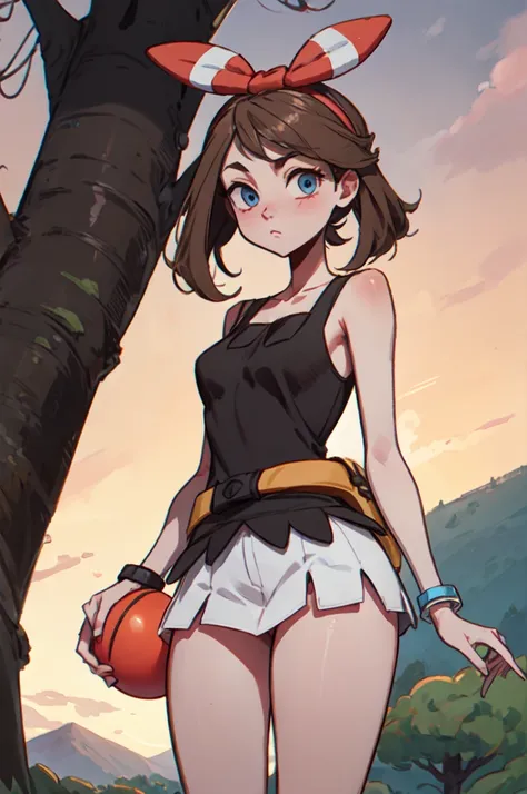 pkmnmay, blue eyes, brown hair, hair ribbon, red hair tie,red tank top, white latex miniskirt, (I spread my crotch wide.), bracelet, looking at viewer, Serious, standing, holding a pocket ball, out, mountain, tree, Dusk, sunset, high quality, masterpiece,
