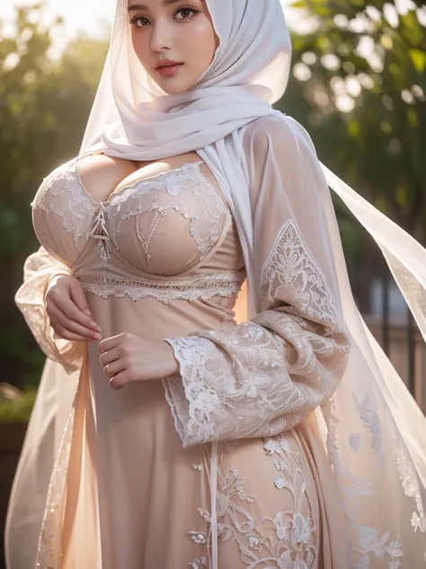 High resolution UHD, Improvement of quality, Soft lighting, Highly detailed, Very detailed on clothes, high quality clothes, Advanced Details, Sharp Focus, High resolution, Big Breasts, Breasts Covered With Hijab and Dress, Real clothes, Real Lighting, Sam...