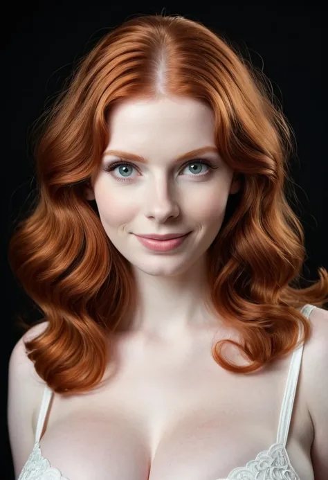 (highly detailed:1.3), (vivid_flowing_ginger_hair in a 1960s_hairstyle:1.3), (perky_gigantic_breasts:1.4),  (very_pale_realistic...