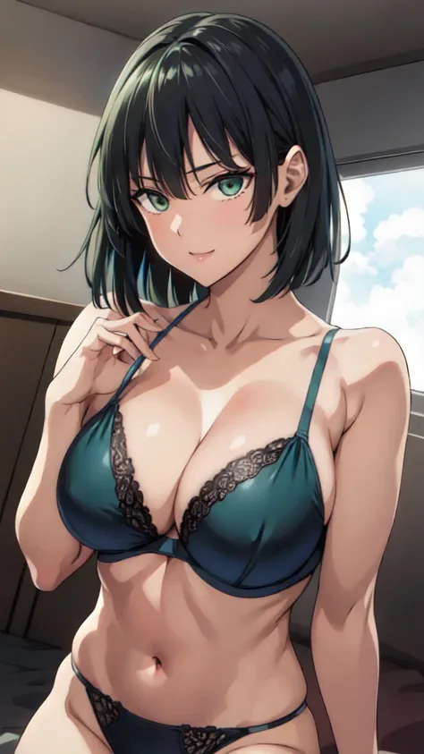 fubuki, fubuki, Dark green hair, Green Eyes, short hair, (Large Breasts:1.2),slender, (Black underwear:1.3), (Black Panties), Portrait Shot, Beautiful body,(Upper Body Shot),arms behind back, (Chest Focus), Close-up shot, (Upper Body Shot), break indoors, ...