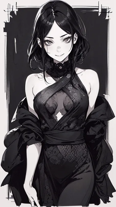 Best Quality, (background details), high contrast, very beautiful woman, detailed original illustration, functional, Kunoichi, ninja costume, black hair, delicate face, charm, bad girl,sexy, real breasts, small breasts, crazy smile, crazy eyes, black backg...