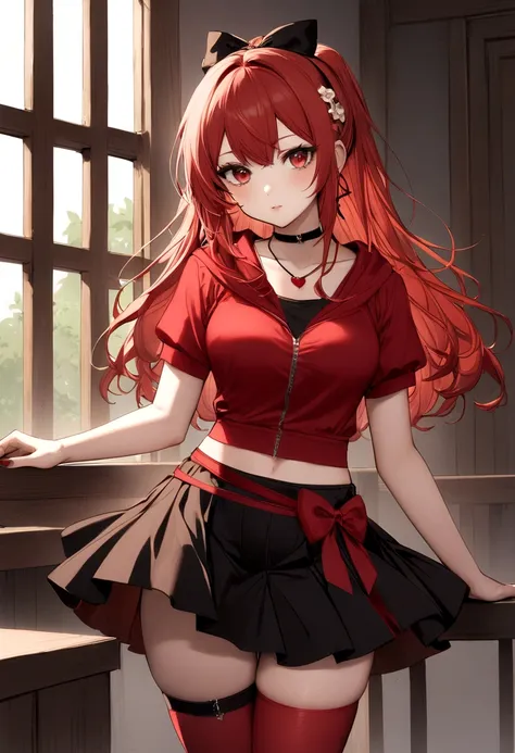 a girl with a black skirt and a small red shirt on top of is red stockings . red zip up hoodie, black shirt underneath with short sleeves and ,red hair, long hair and a flower with a ribbon on the bottom on the side on the hair and red eyes has a black Cho...