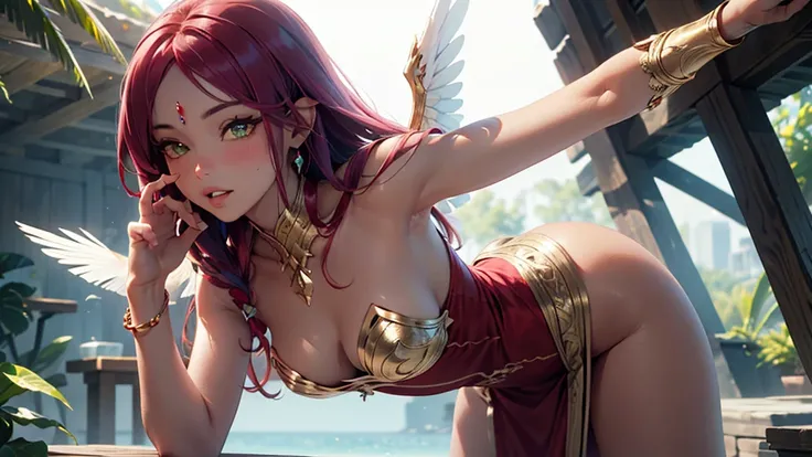 cabelo roxo (purple hair), Greek goddess, sculptural body, super detailed hand, super detailed face, hyper detailed body, No defects, (greeneyes), focused eyes, pretty detailed eyes, pale skin, blushed face, crown on head, long hair, slickedback hair, coif...