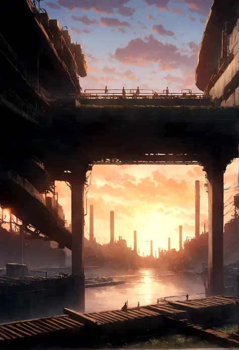 Sunset power plant、Anime scenery, by Makoto Shinkai, Xin Haicheng