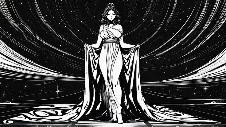 black and white, illustration antique book vault sketch, single beauty woman brunette, curvy body, female allegory goddess greek, tiny dress toga, using one jedi lightsaber in hand, full view standing from head to toes, dark background stars in space