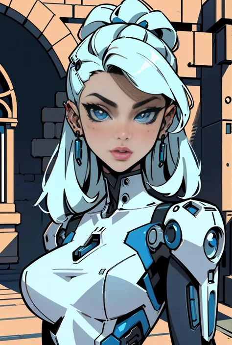 There is a woman in a robot suit posing next to an ancient building, Beautiful white girl half cyborg, Cute cyborg girl, Beautiful girl cyborg, Perfect Robot Girl, Cyborg girl, Young cyborg grady, Beautiful Female Robot, Beautiful robot woman, cyborg girl,...