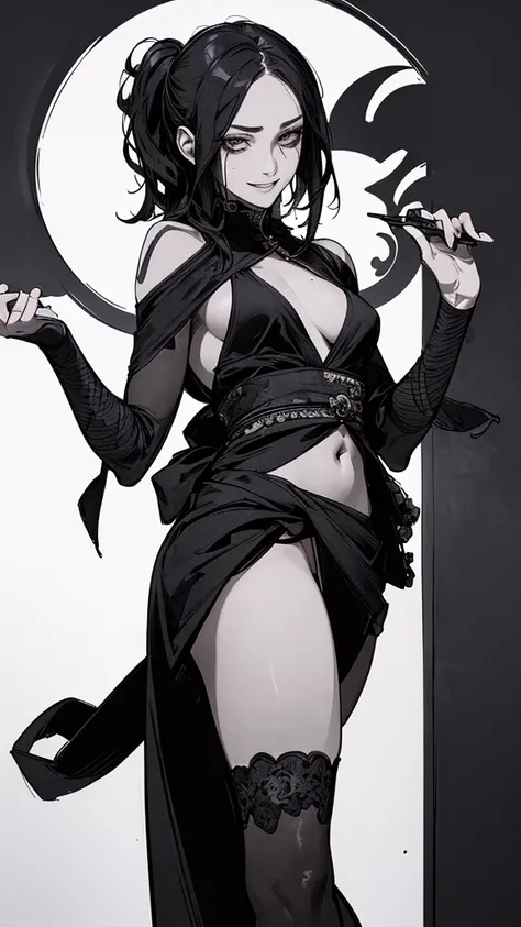 Best Quality, (background details), high contrast, very beautiful woman, detailed original illustration, functional, Kunoichi, ninja costume, black hair, delicate face, charm, bad girl,sexy, real breasts, small breasts, crazy smile, crazy eyes, black backg...