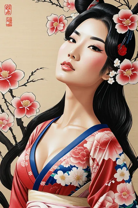 Geisha Sexy Sensual Beautiful Japanese Flowers Water Japanese Painting Drawing
